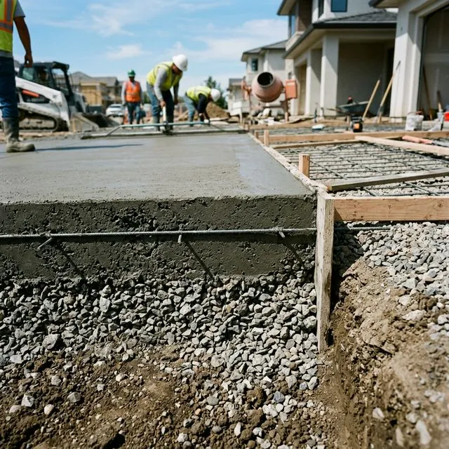 Cross-section diagram showing recommended concrete driveway thickness of 4 to 6 inches over compacted gravel base