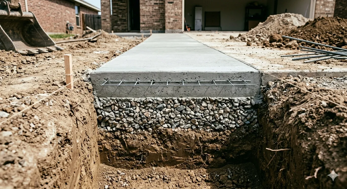 Cross-section diagram comparing 4-inch 5-inch and 6-inch concrete driveway slabs showing rebar placement and gravel base