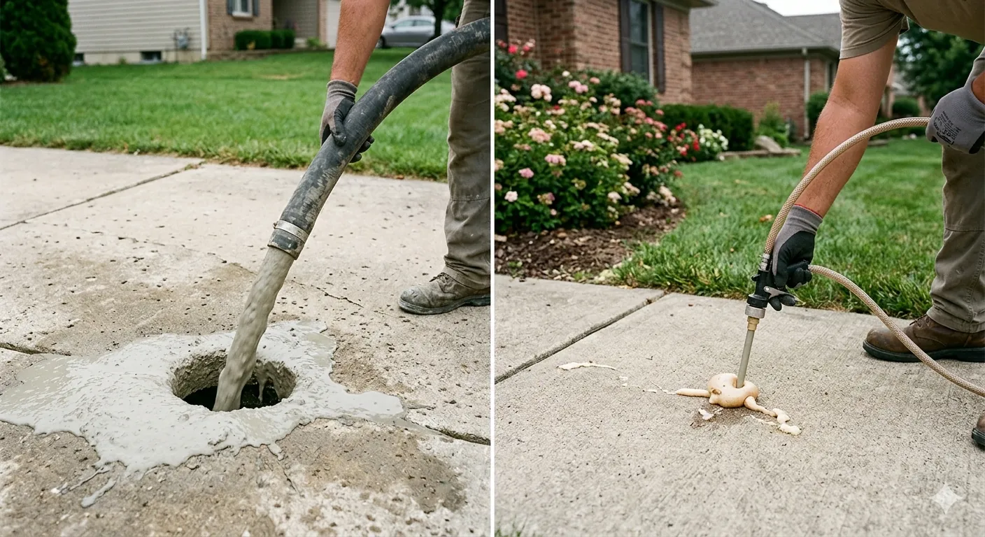 Side-by-side comparison diagram of mudjacking using cement slurry vs polyurethane foam jacking showing drill hole size and material density differences