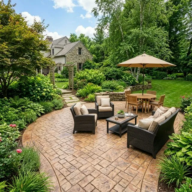 Beautiful stamped concrete patio with ashlar slate pattern and warm brown coloring on a residential backyard