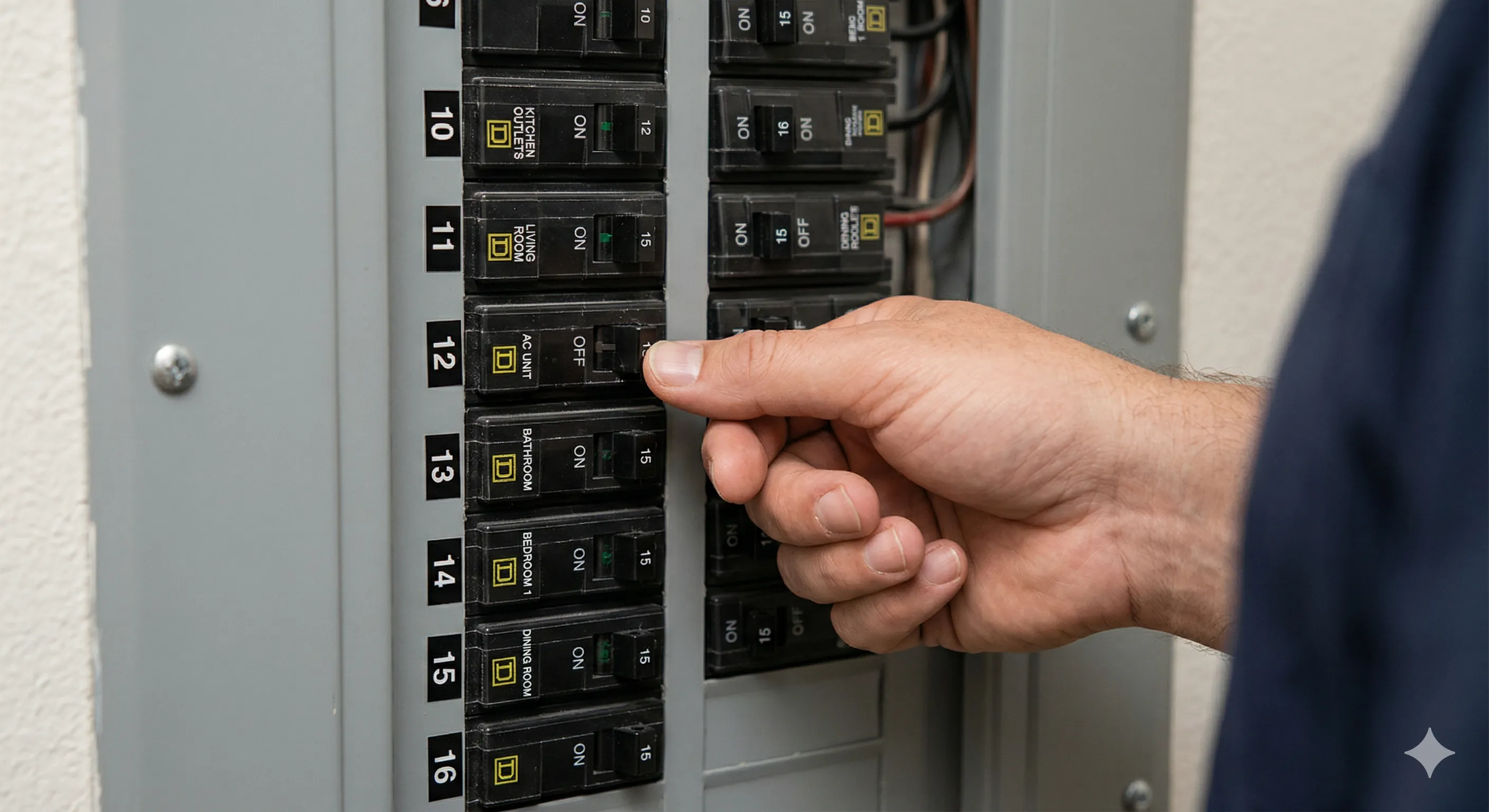 Close-up of a circuit breaker panel showing labeled breakers with some in the tripped position