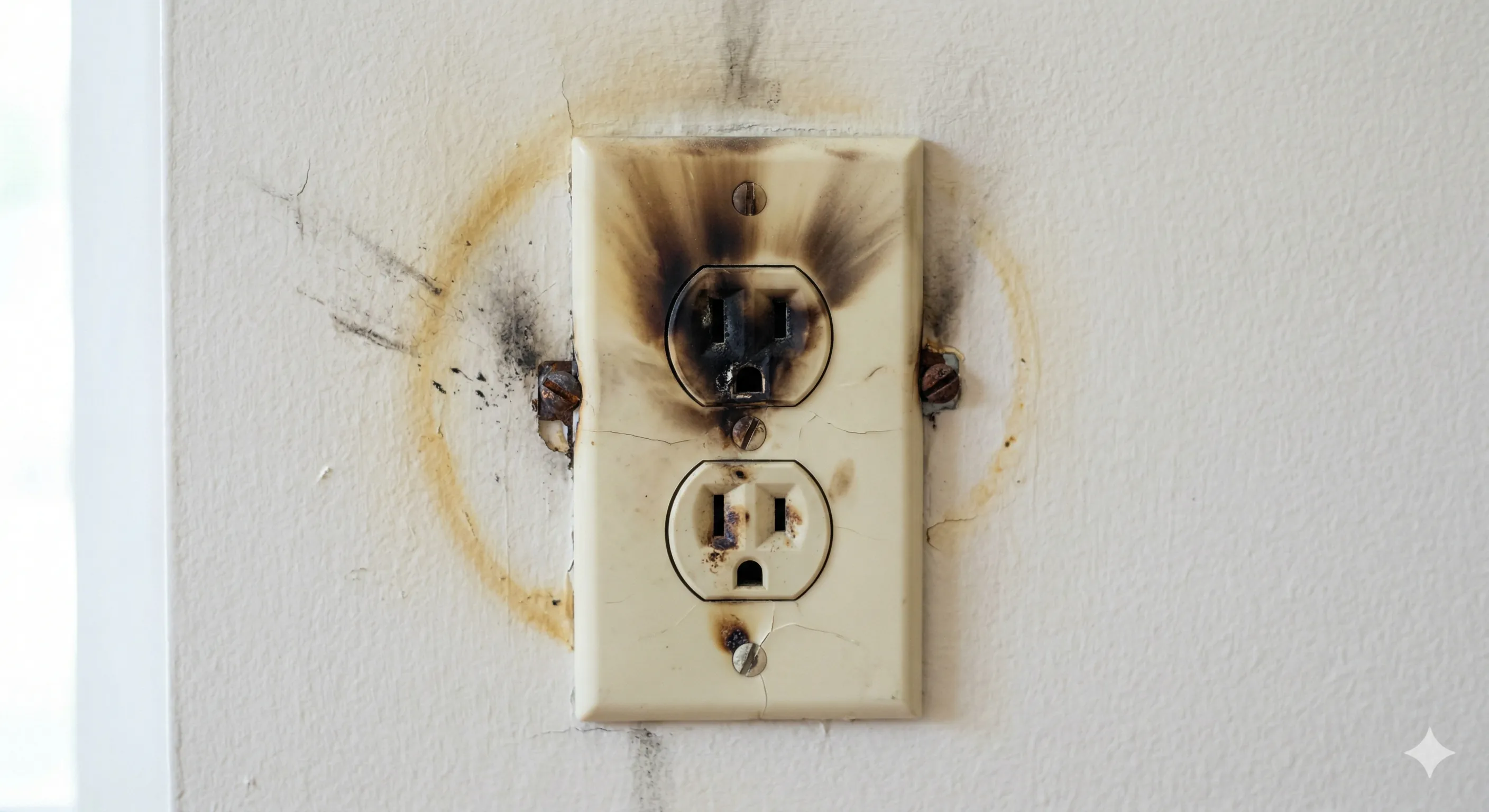 Four panel image showing warning signs of electrical fire: scorched outlet, frayed extension cord, overloaded power strip, and flickering lights