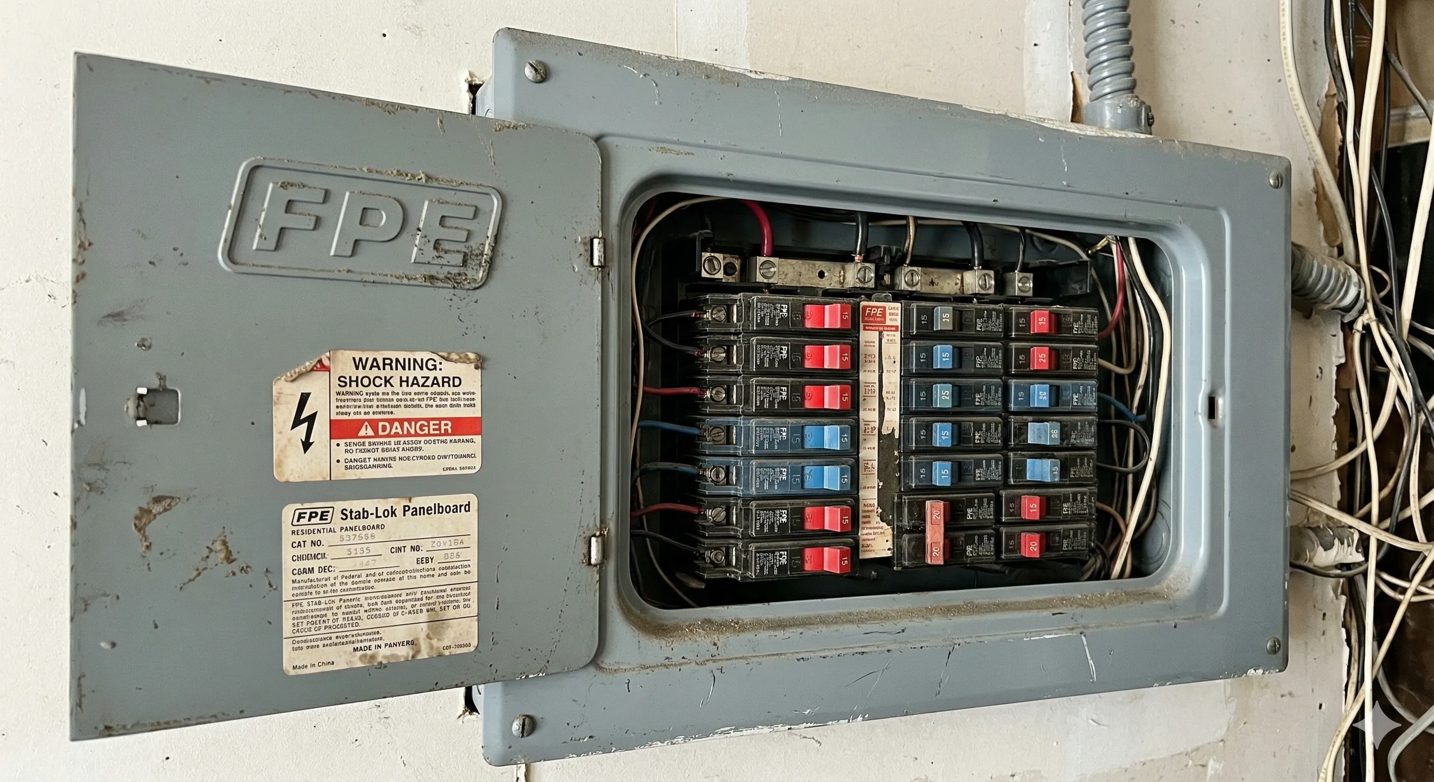 Side-by-side photos of a Federal Pacific Stab-Lok panel and a Zinsco panel showing their distinctive breaker designs