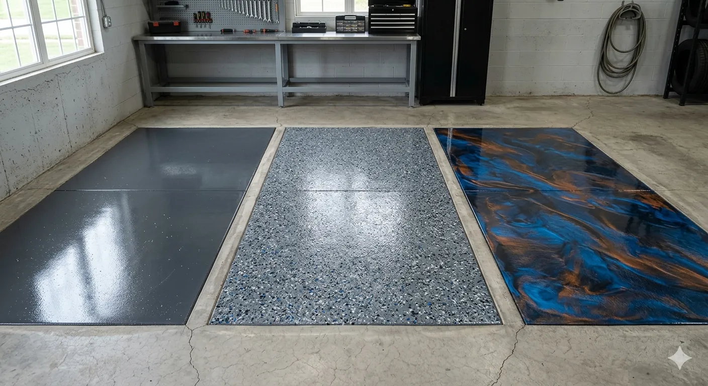 Side-by-side comparison showing four types of epoxy floor finishes: solid color, decorative flake, metallic swirl, and quartz broadcast