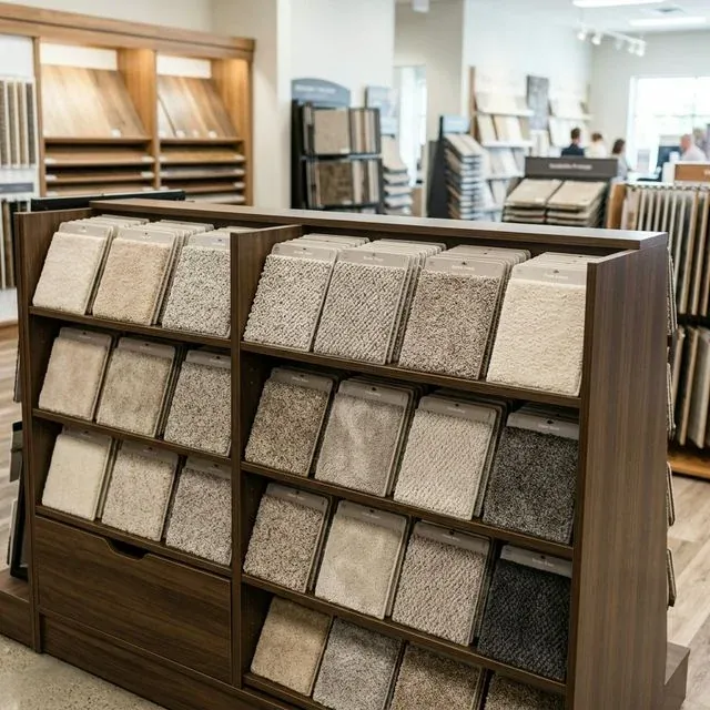 Different carpet samples showing plush, berber, and frieze textures in neutral tones at a home improvement showroom