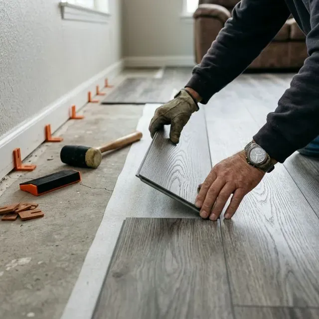 DIY vinyl plank flooring installation showing click-lock planks being fitted together by hand