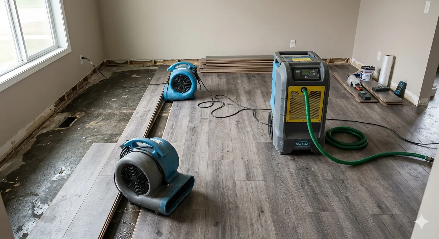 Box fan and dehumidifier positioned near swollen laminate flooring with baseboards removed for airflow