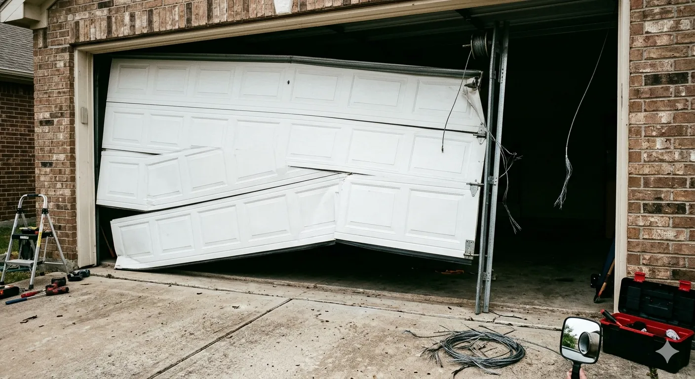 Split image showing a garage door hanging crookedly due to a broken cable on one side and a close-up of a frayed garage door cable