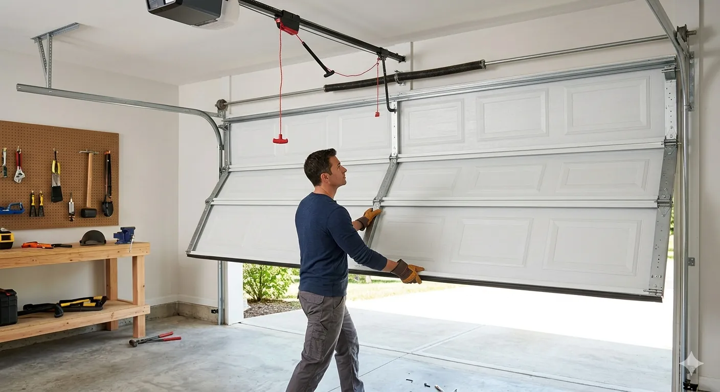 Three-panel diagram showing the steps to pull the emergency release cord and manually lower a garage door