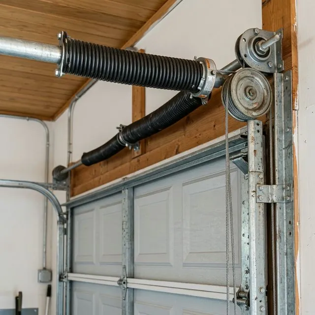 Close-up of garage door torsion springs and steel cables mounted above a residential garage door