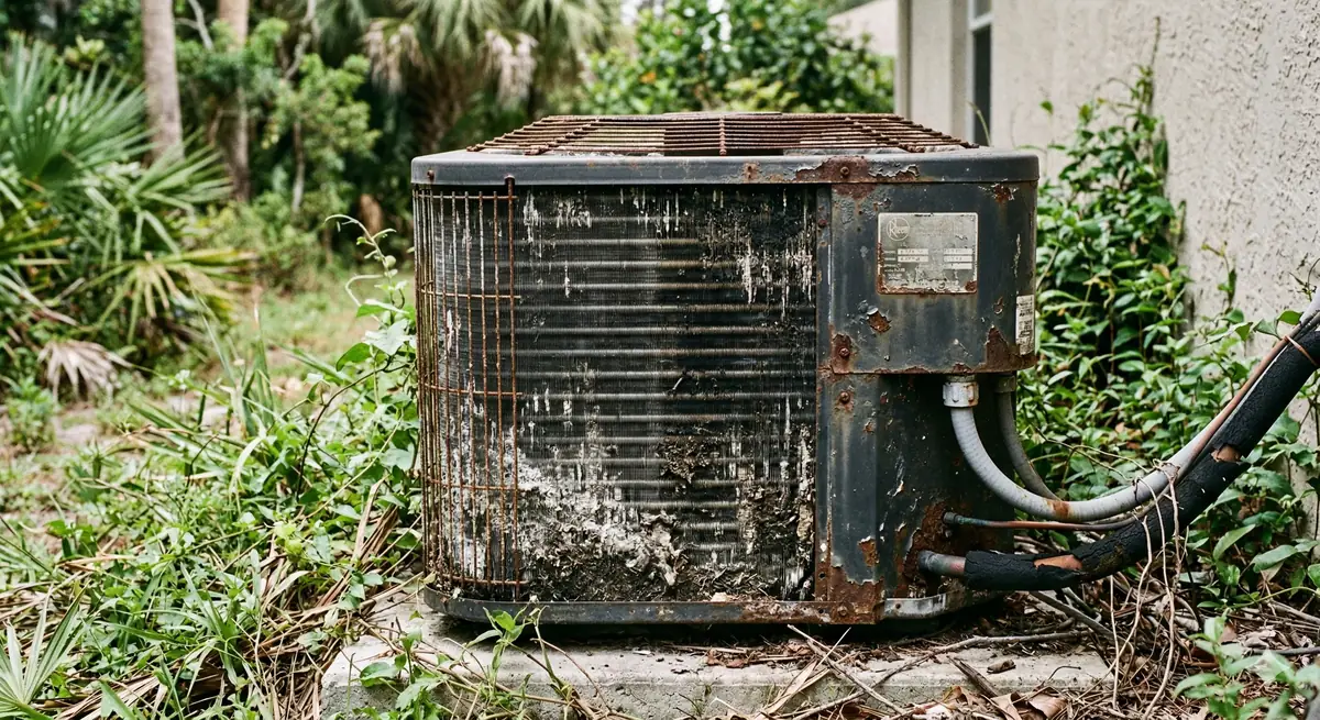 Infographic showing five factors that reduce AC lifespan in Florida: humidity, salt air, UV exposure, lightning, and continuous operation