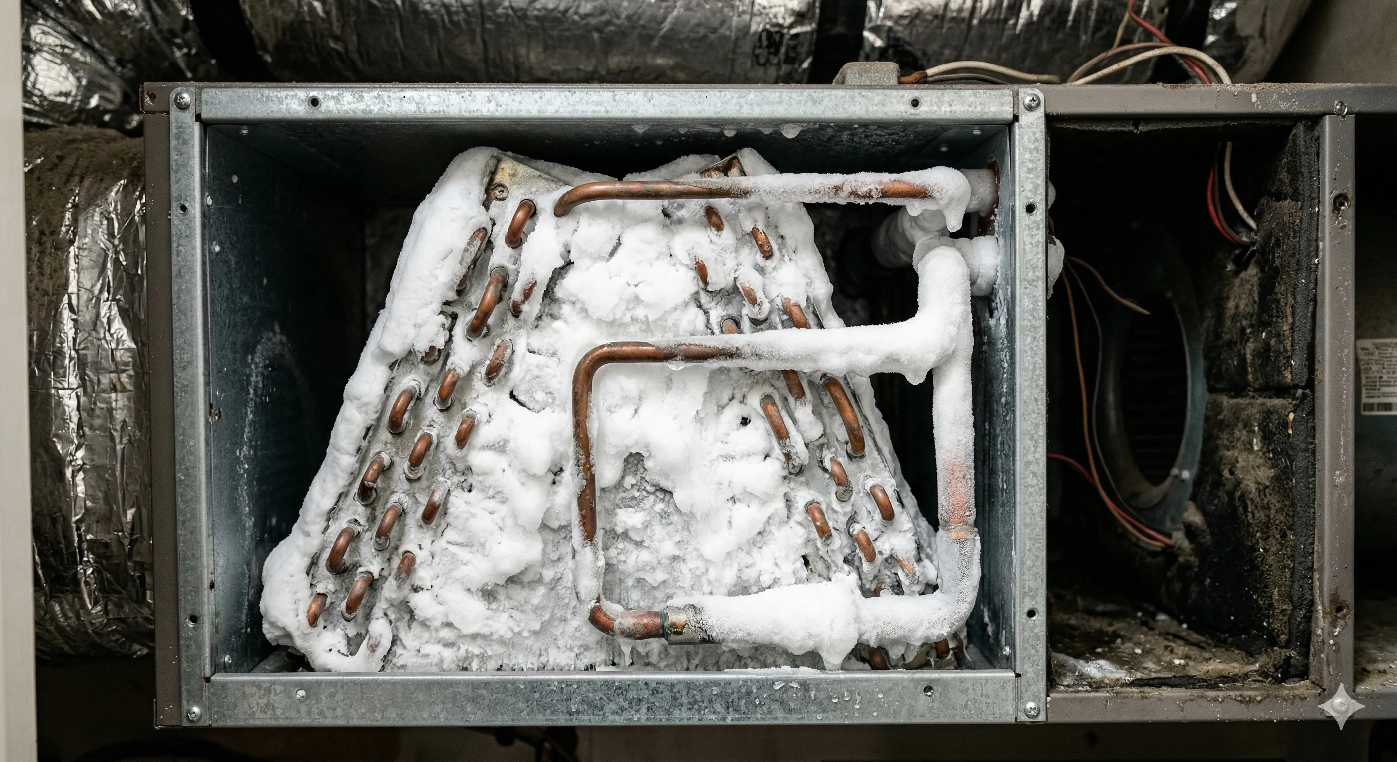 Close-up of frozen evaporator coil with ice buildup on copper tubes and aluminum fins inside an air handler unit