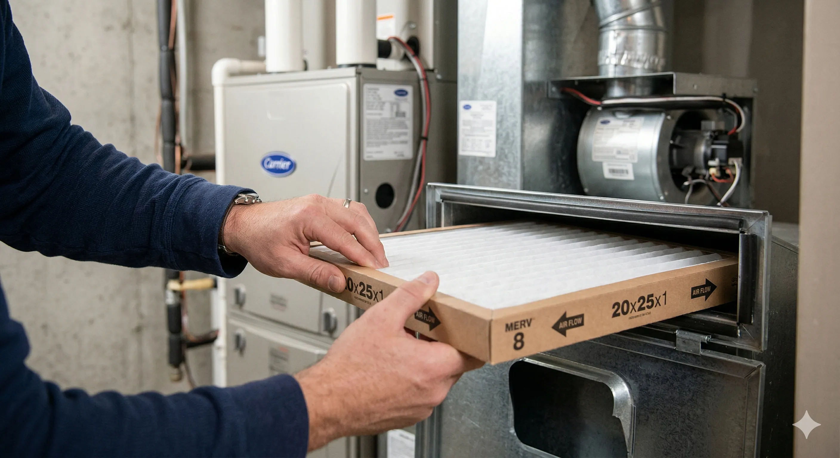 HVAC air filter comparison showing clean and dirty furnace filters with MERV rating labels