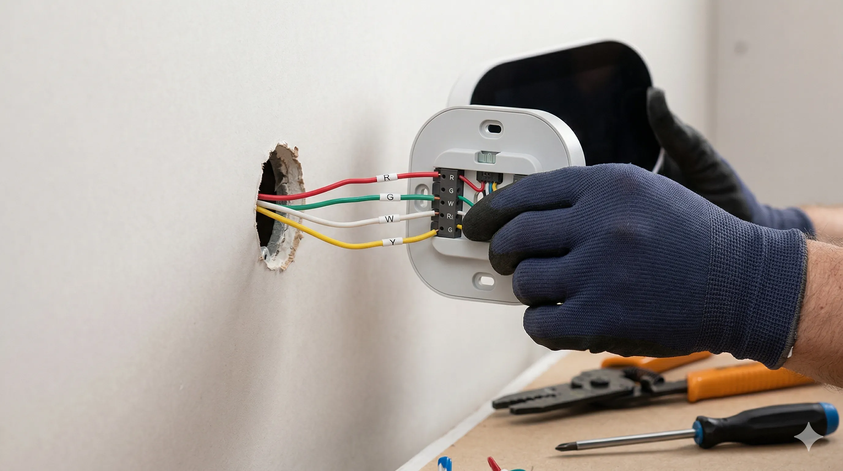 HVAC thermostat wiring diagram showing color-coded wires connected to heating and cooling terminals