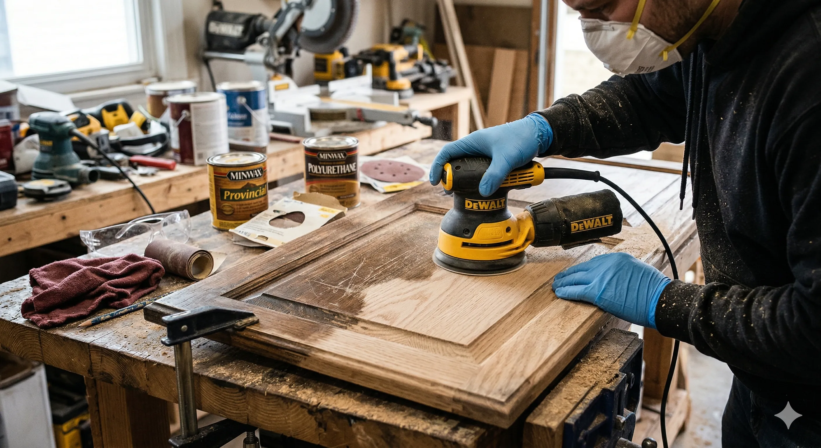 Split image showing chemical stripper being applied to cabinet door on left and orbital sander being used on stripped cabinet door on right