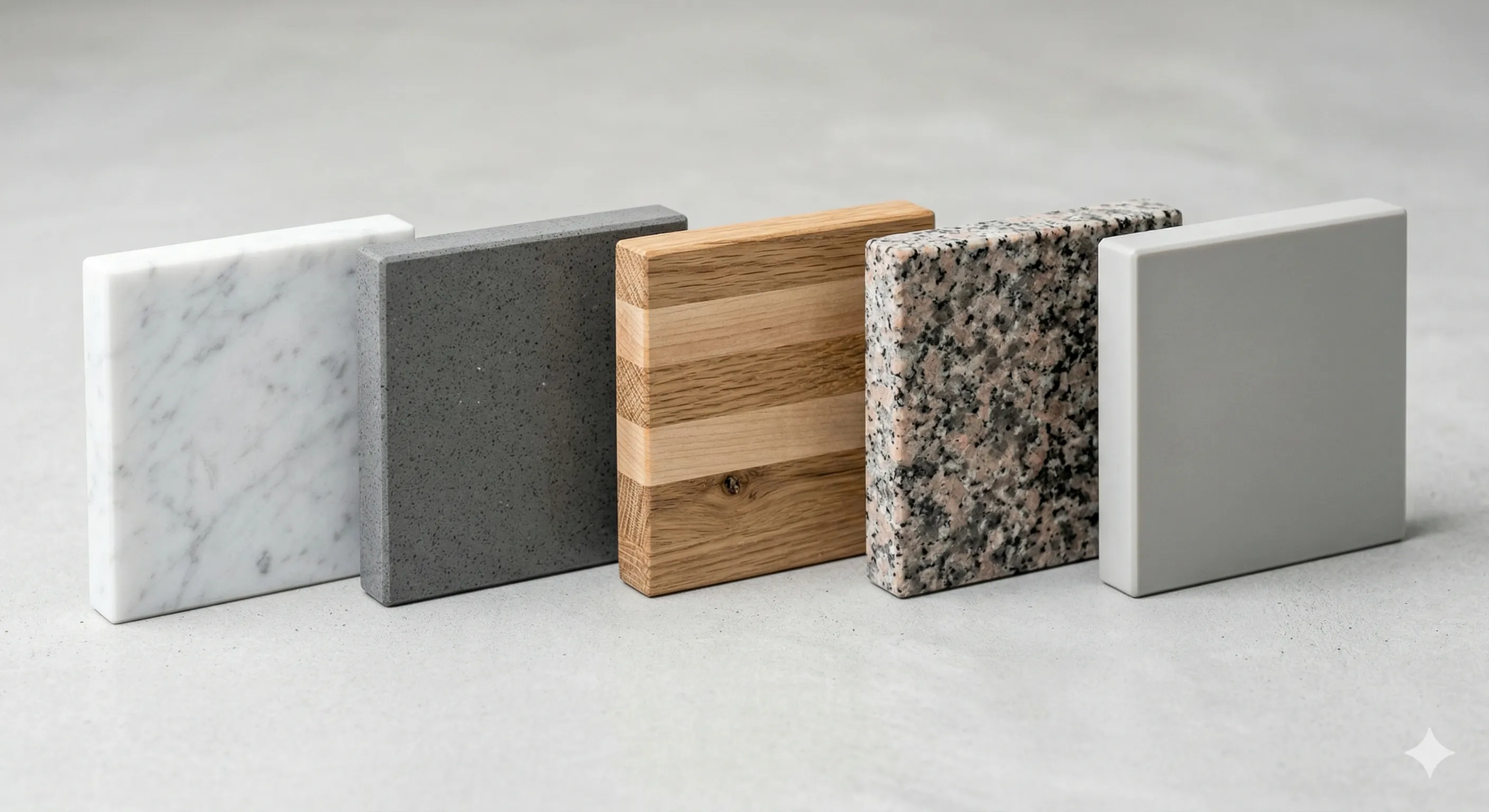 Comparison of kitchen countertop materials including quartz, granite, marble, butcher block, and laminate samples