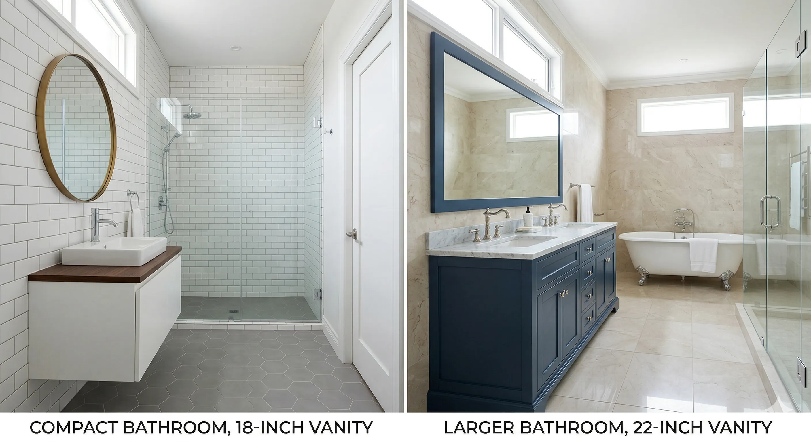 Three bathroom floor plans showing narrow 16-inch vanity in powder room, standard 21-inch in guest bath, and deep 24-inch in master bath with clearance measurements marked