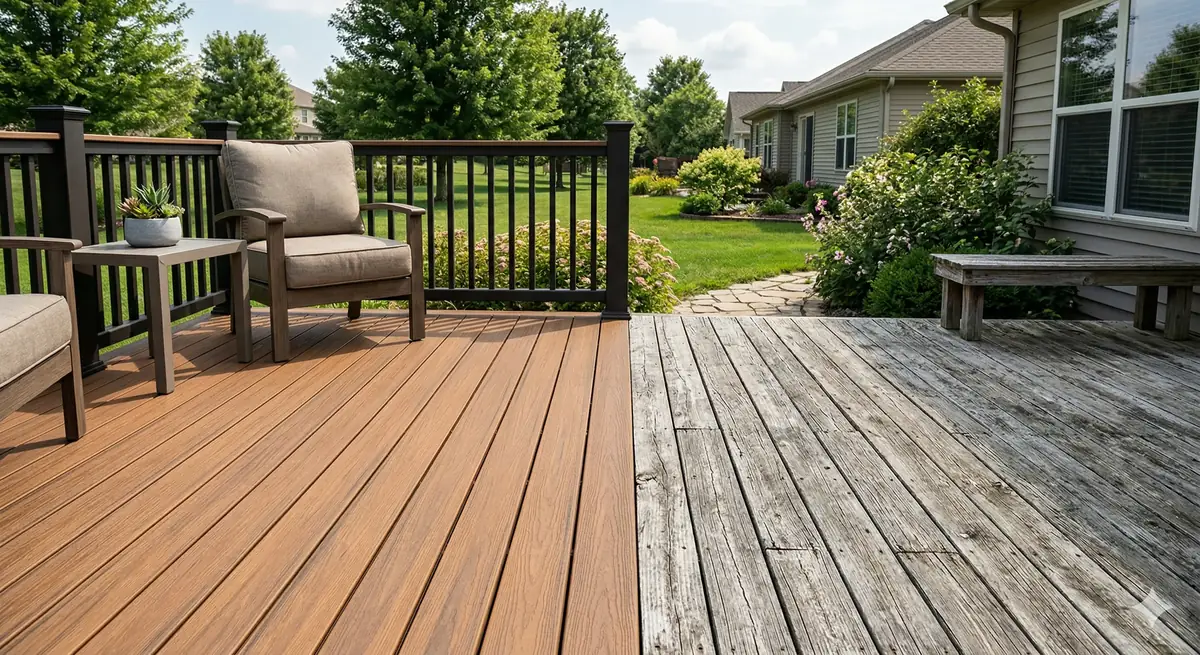 Line graph comparing total cost of ownership for wood deck vs composite deck over 20 years, showing composite becoming cheaper around year 8