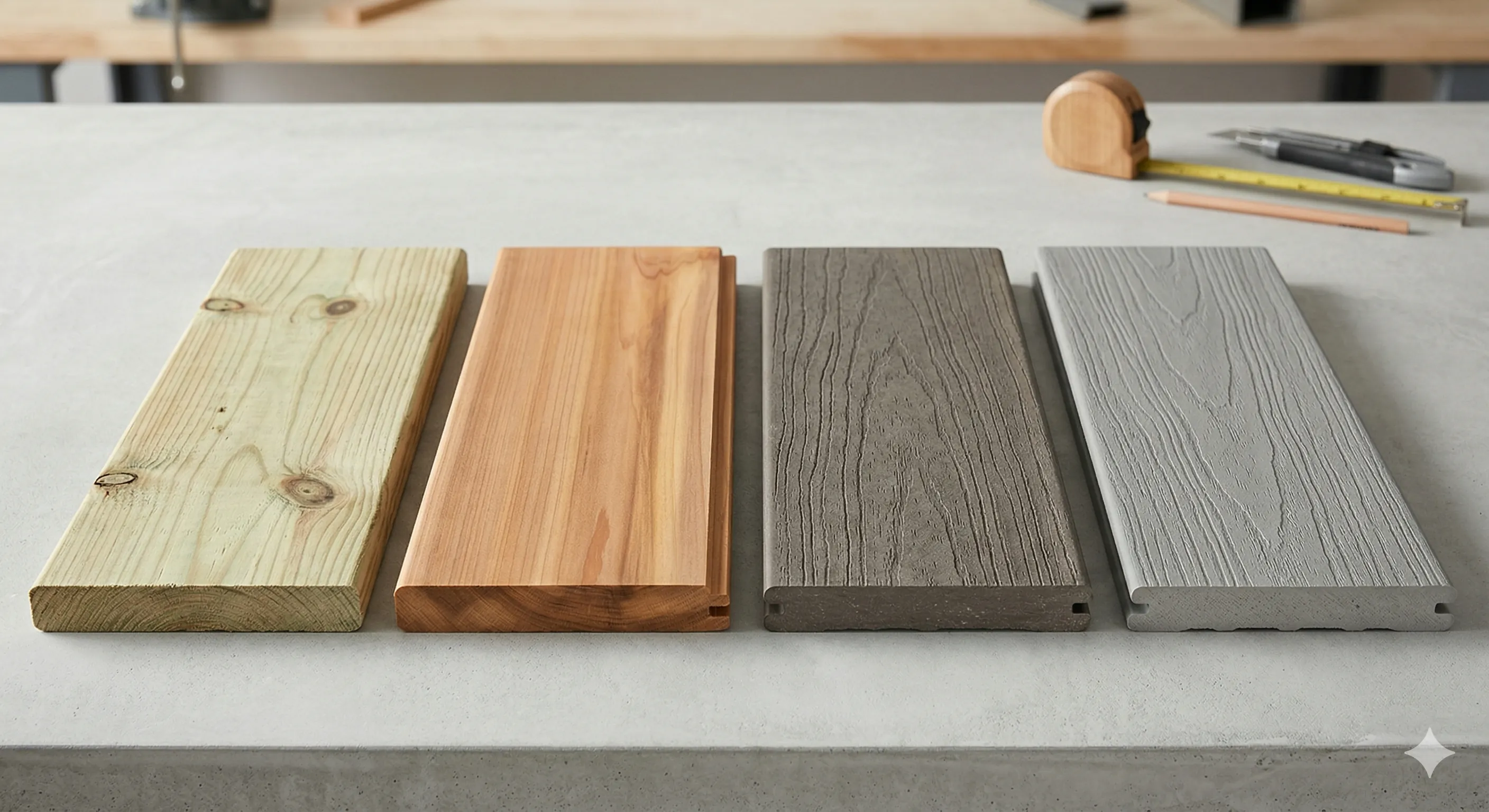 Side-by-side comparison of pressure-treated wood, cedar, and composite deck board samples showing color and texture differences