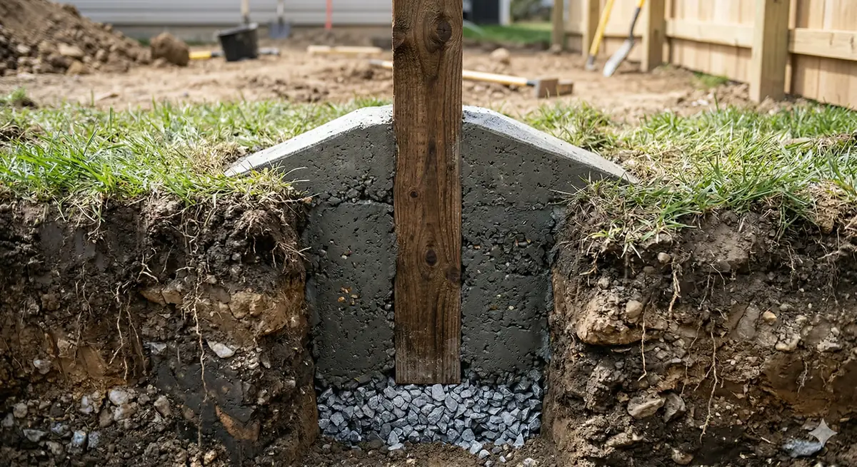 Detailed cross-section diagram showing proper fence post hole construction with gravel base, concrete fill, and post placement in different soil types