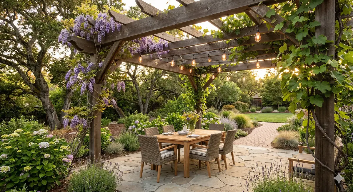 Cedar pergola with climbing vines over a backyard patio with outdoor dining furniture