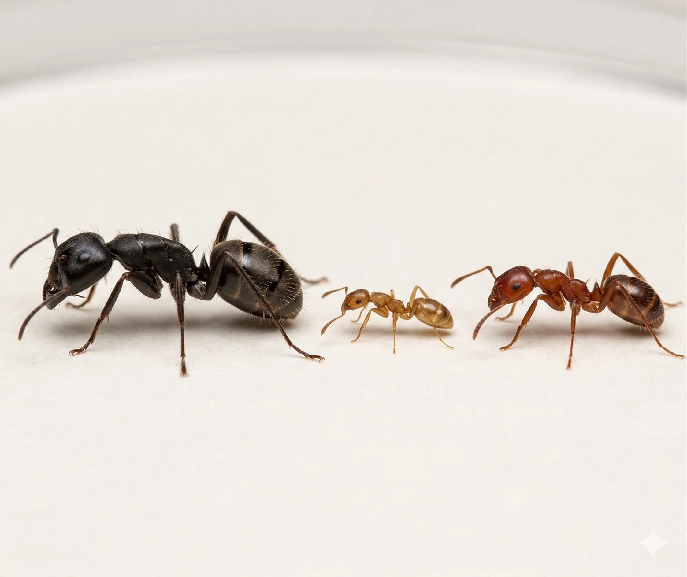 Visual identification guide showing common household ant species including carpenter ants, sugar ants, fire ants, and pavement ants