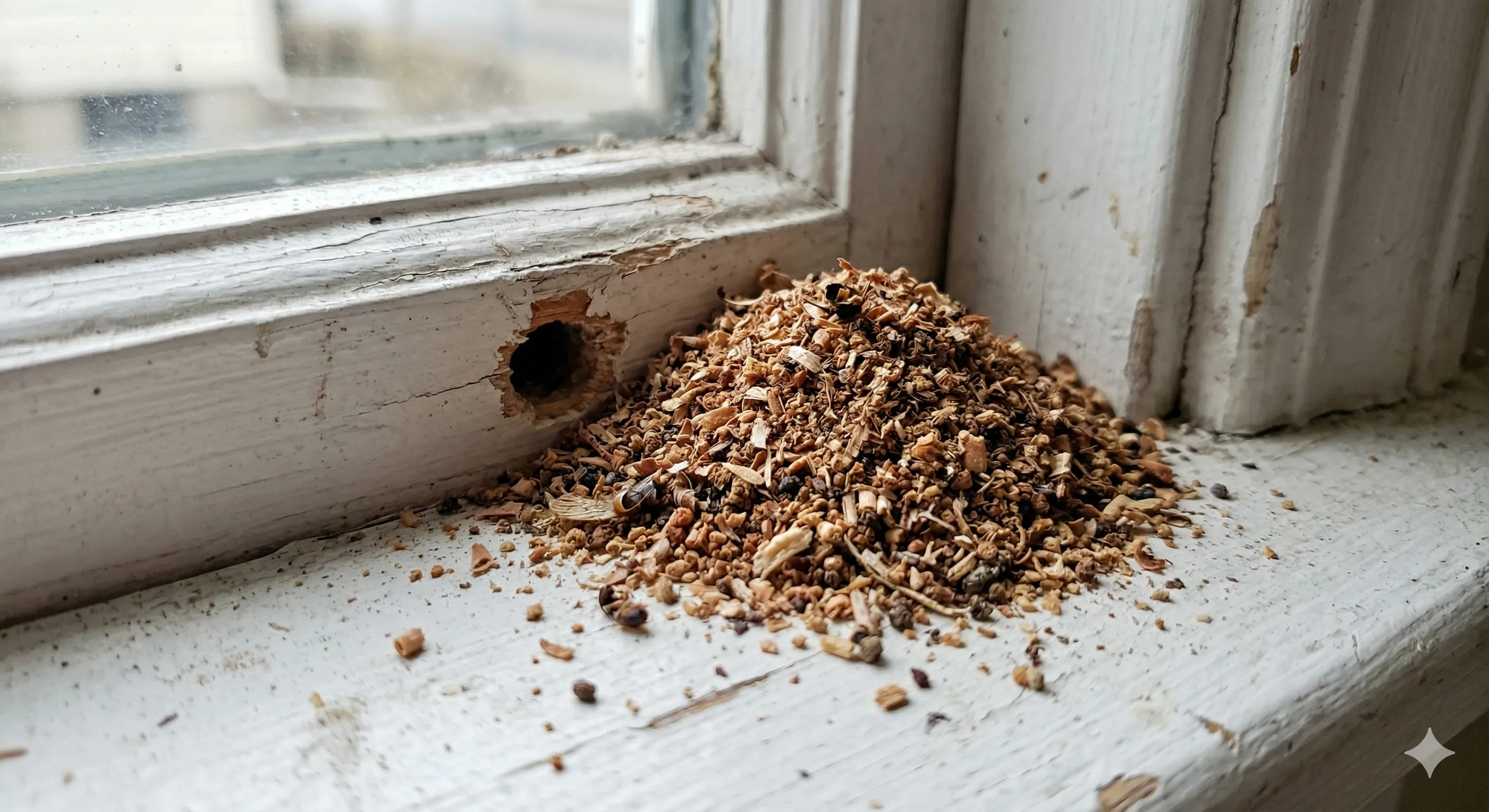 Close-up of carpenter ant frass sawdust pile on a windowsill next to a baseboard with a comparison to a regular ant and carpenter ant for size reference