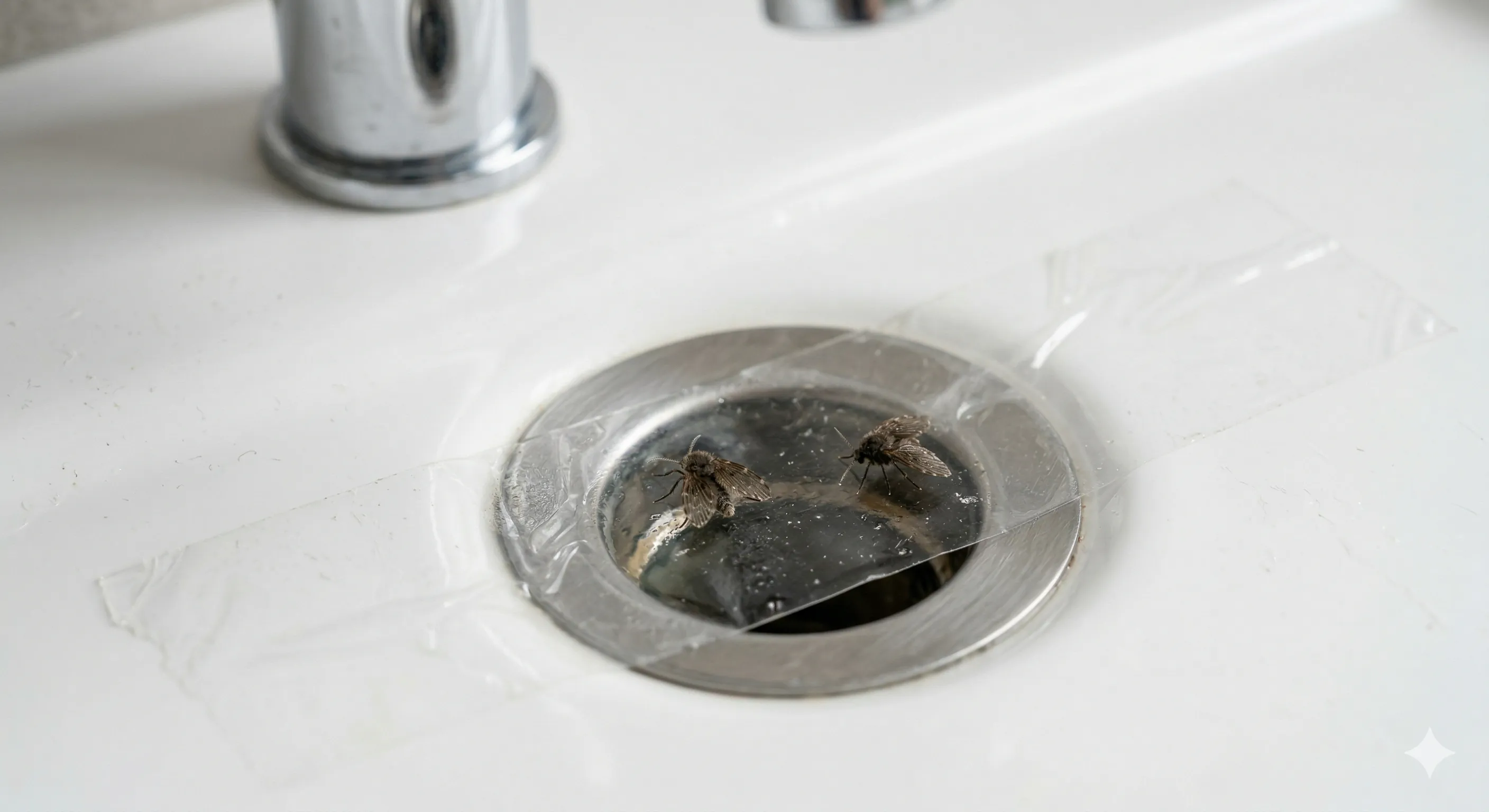 Clear tape placed over a bathroom sink drain with two drain flies stuck to the underside, demonstrating the tape test identification method