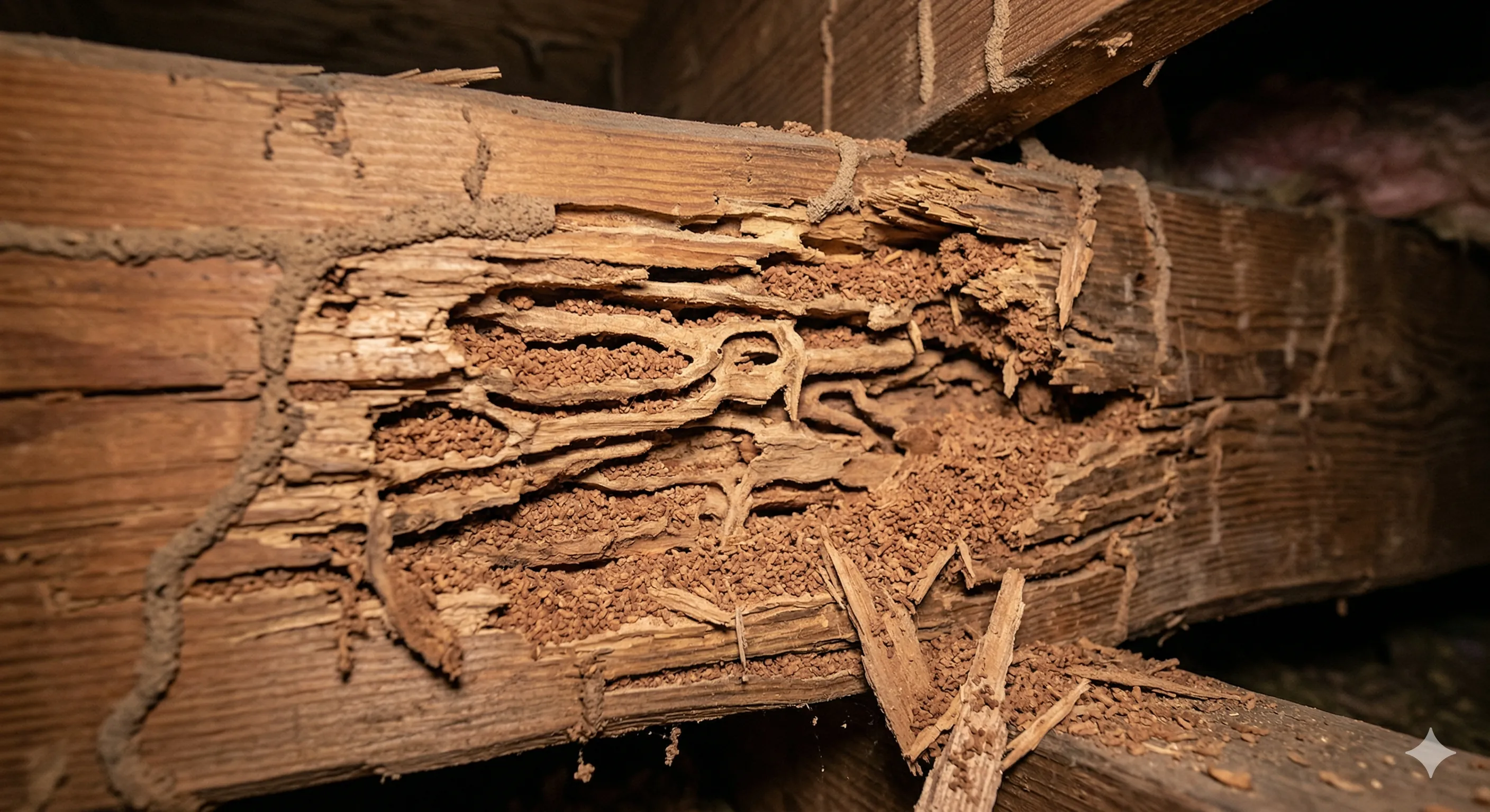 Signs of termite damage in a home showing mud tubes on foundation wall, damaged wood framing, and termite swarmers