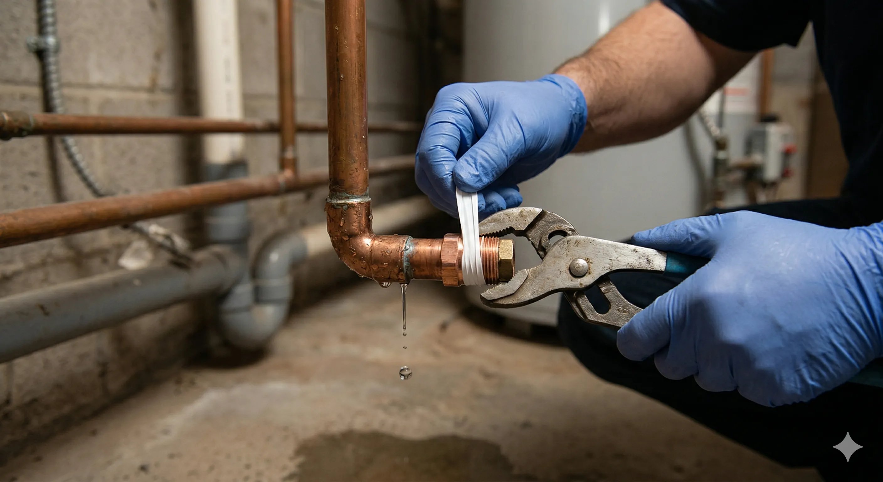 Close-up of a plumber fixing a leaking copper pipe joint under a bathroom sink