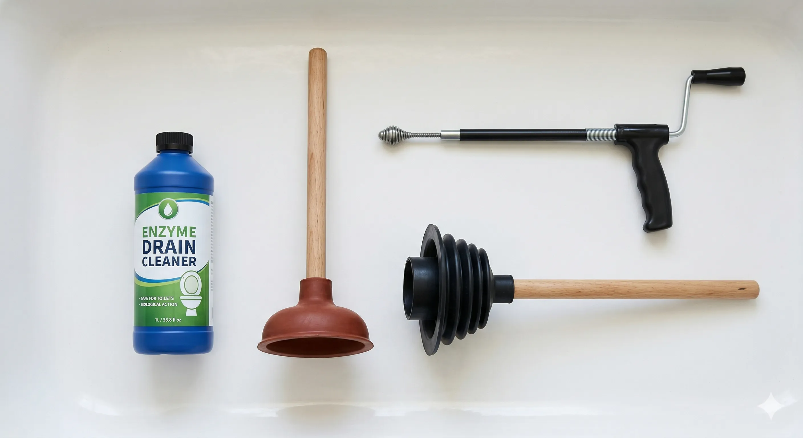 Four toilet unclogging methods side by side: plunger, closet auger, drain snake, and hydro jetting equipment with cost labels