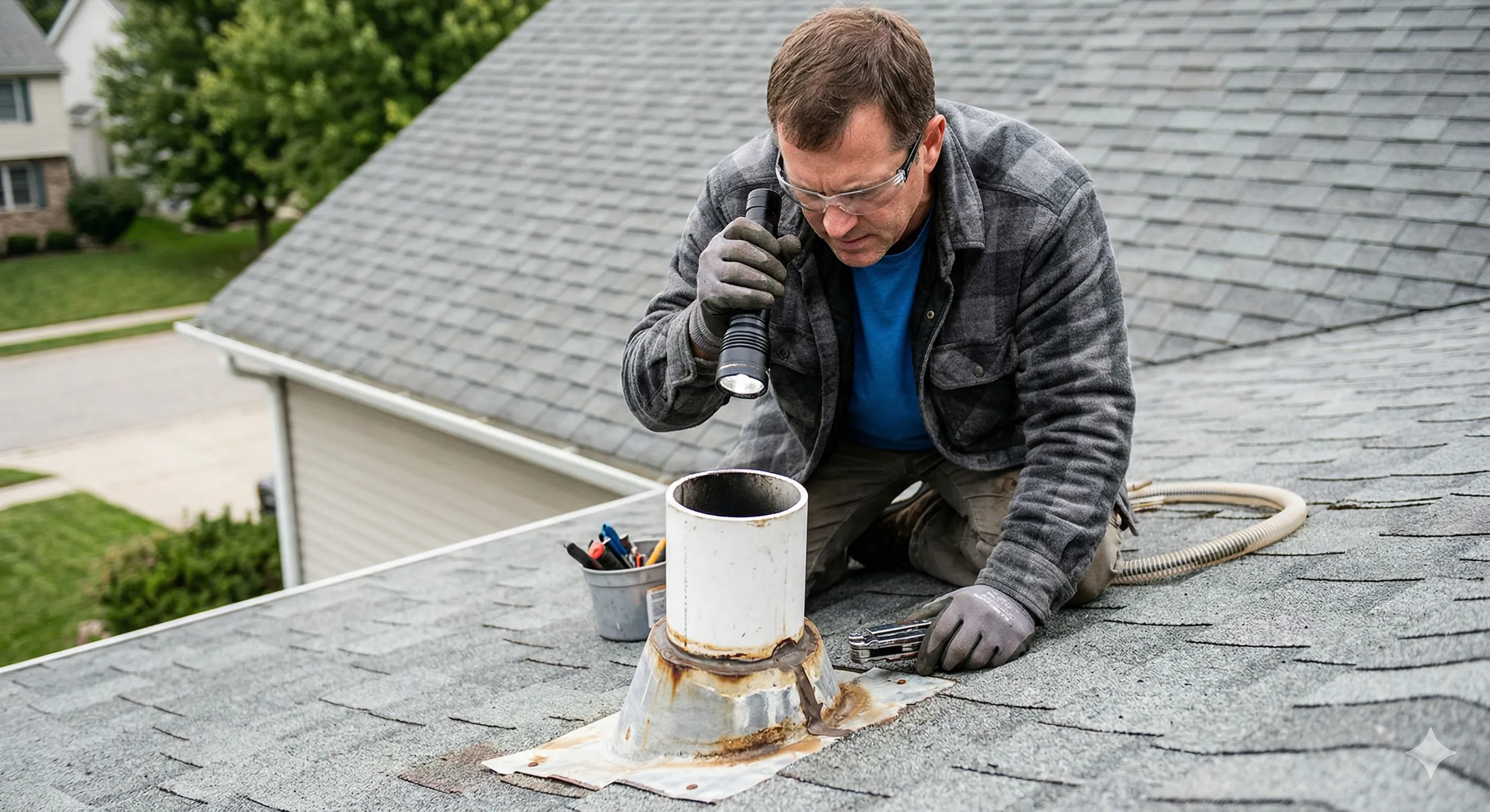 Cross-section diagram of a house showing vent pipe running from drain through wall and out the roof with common blockage points marked