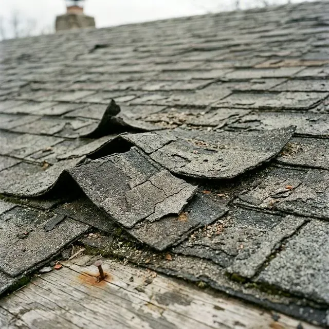 Close-up of storm-damaged roof shingles showing hail damage, curling, and missing granules