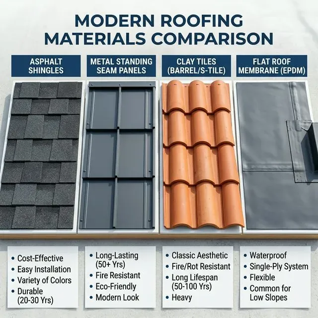 Comparison of roofing materials including asphalt shingles, metal panels, clay tiles, and flat roof membrane