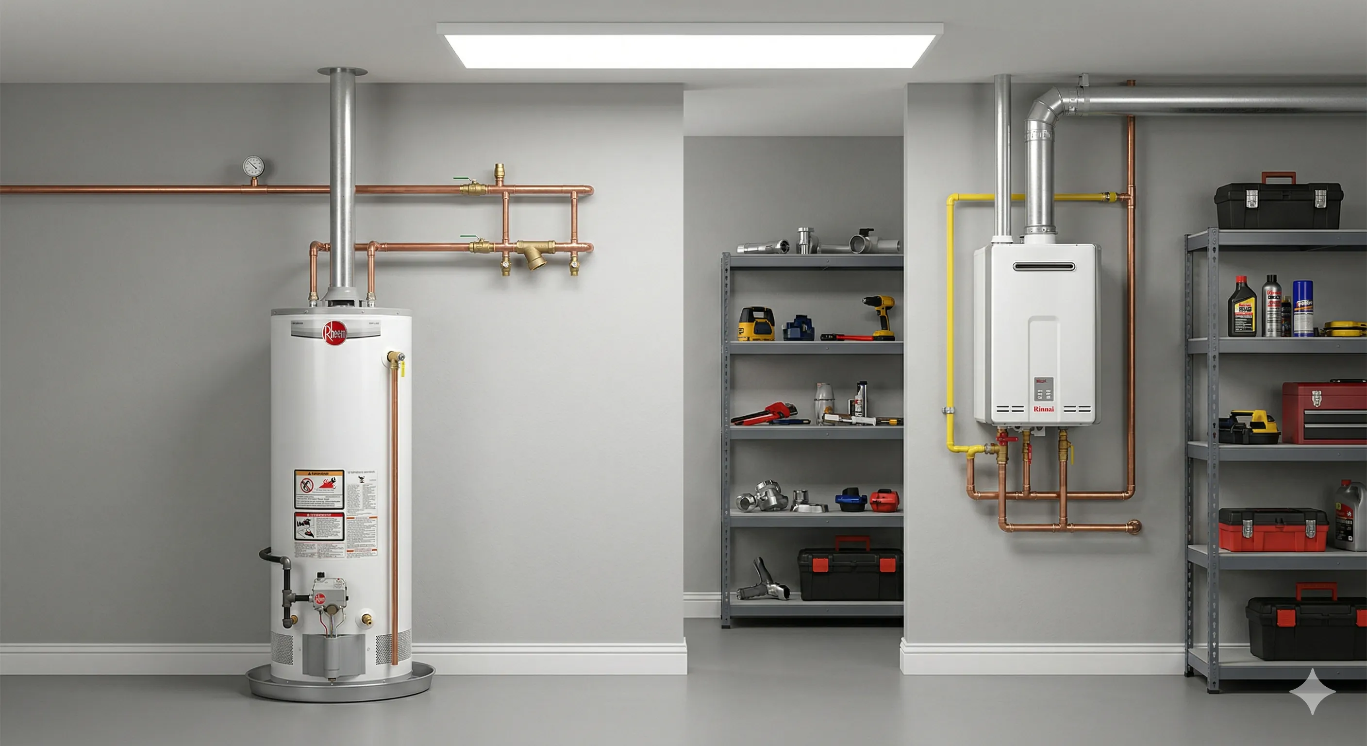 Side-by-side comparison of a traditional tank water heater and a wall-mounted tankless water heater