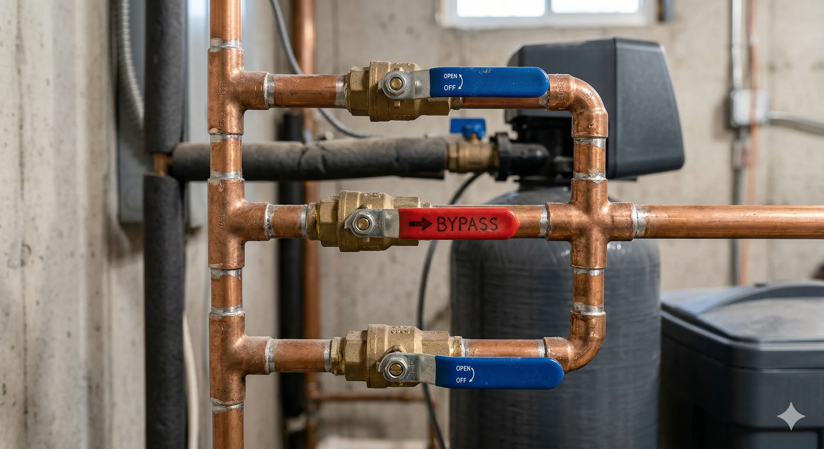 Close-up of a water softener bypass valve installed on a control valve head showing inlet, outlet, and bypass positions