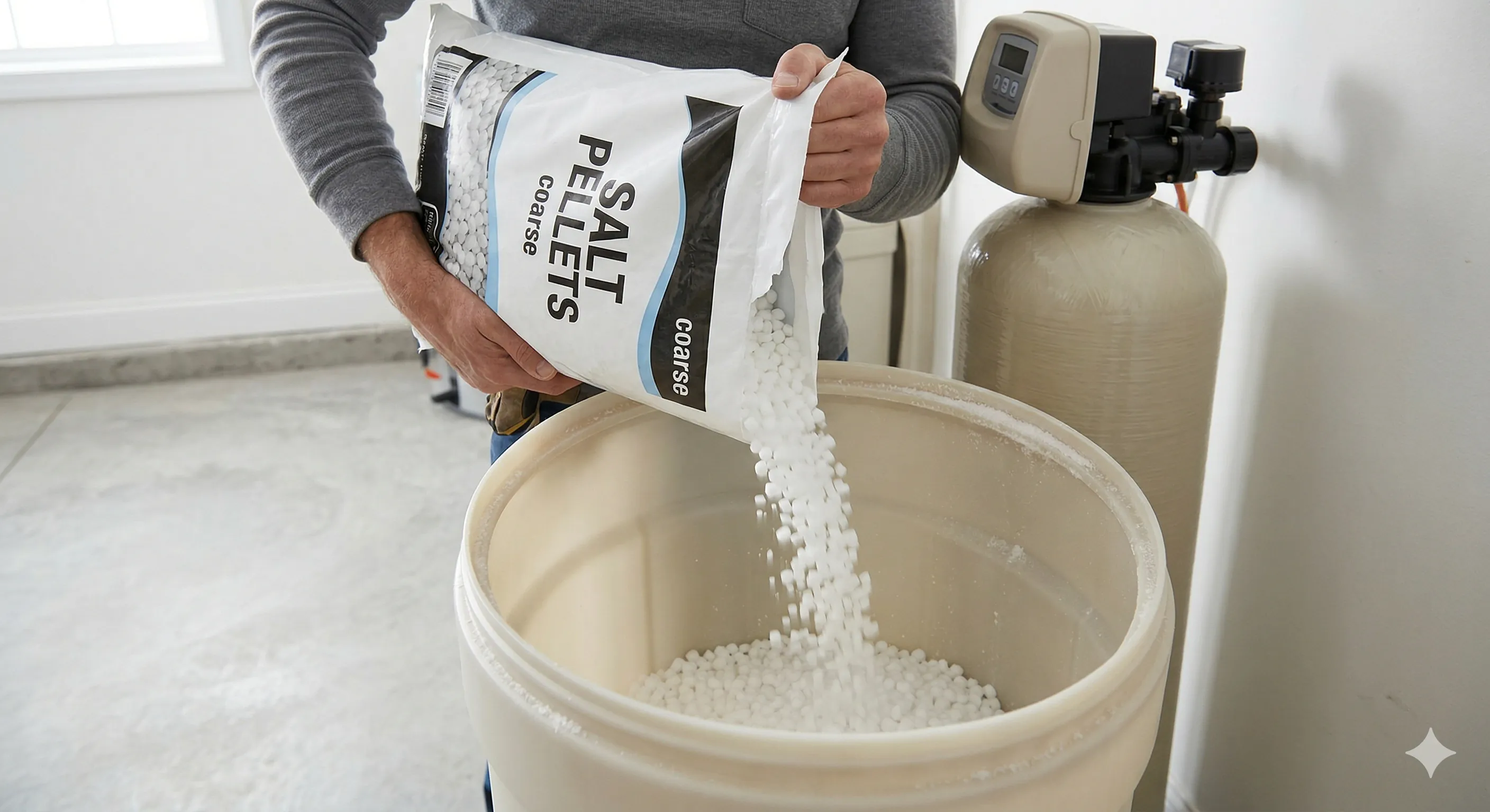 Homeowner adding evaporated salt pellets to a water softener brine tank during routine maintenance