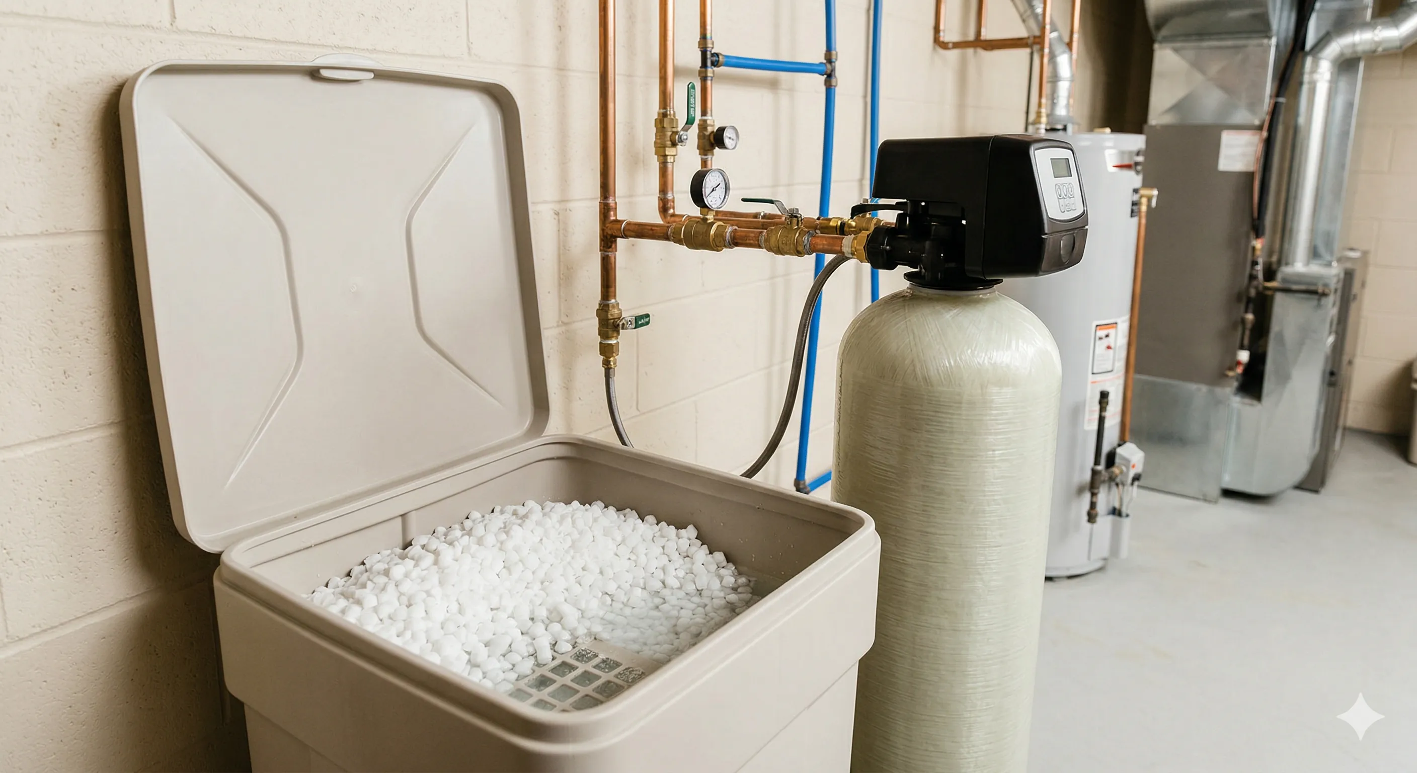 Residential water softener system with brine tank and mineral tank installed in a home utility area