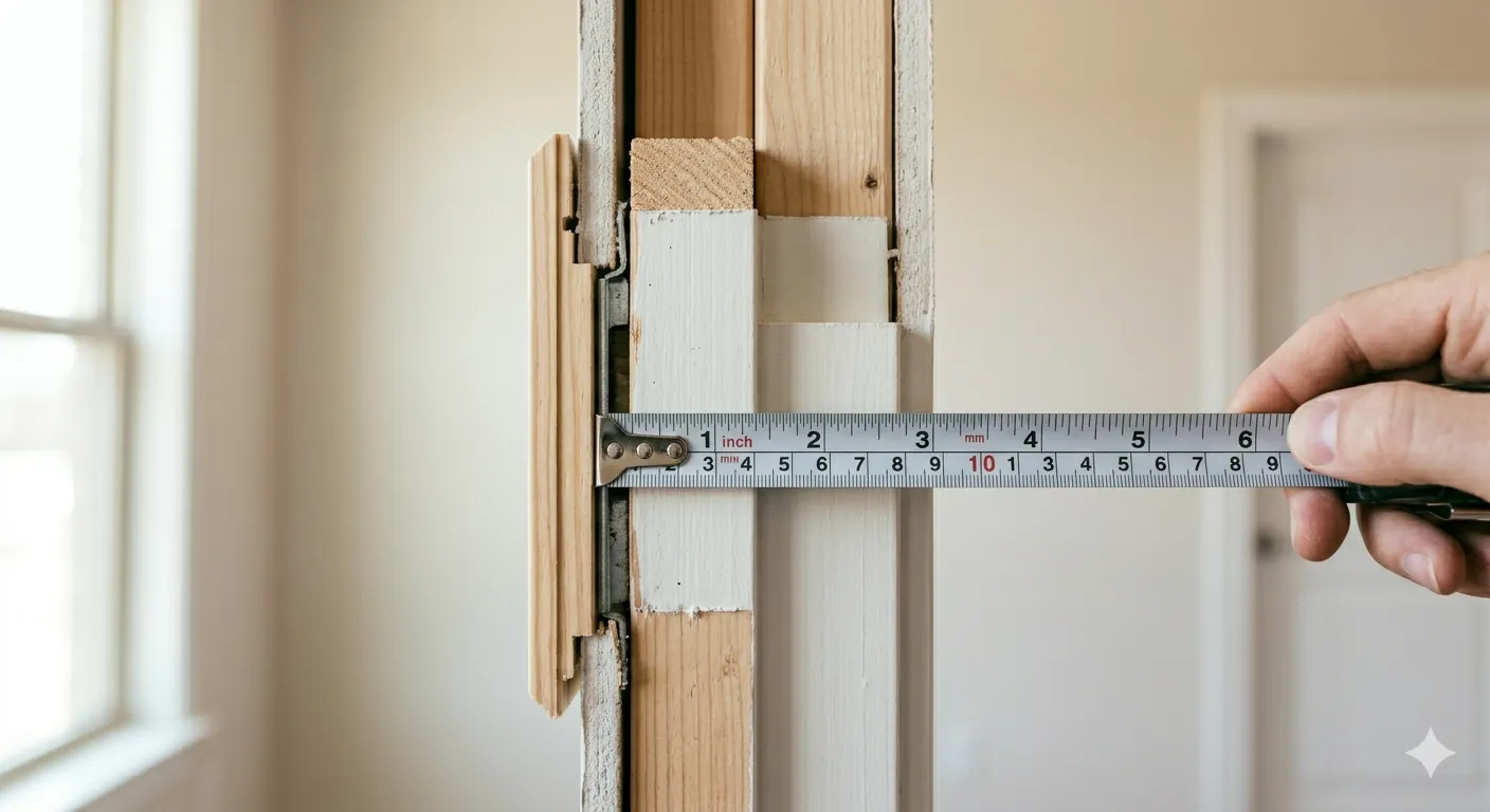 Labeled diagram showing where to measure door jamb width height and depth with three measurement points marked for each dimension