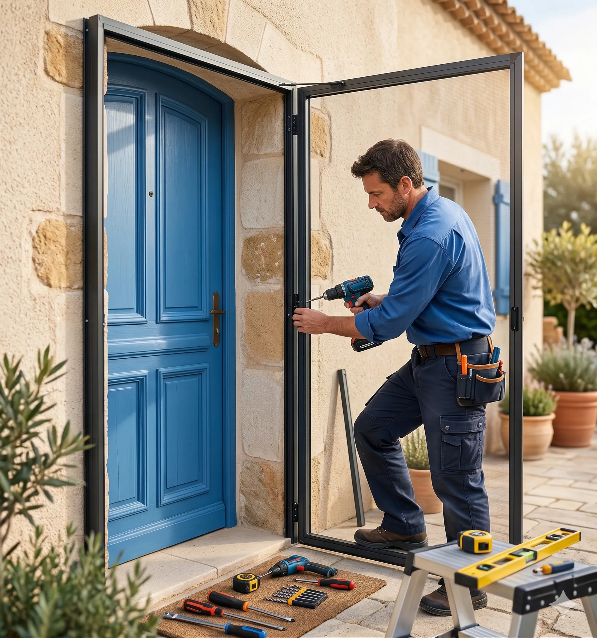 Homeowner installing a hinged screen door on a residential front entry with tools visible