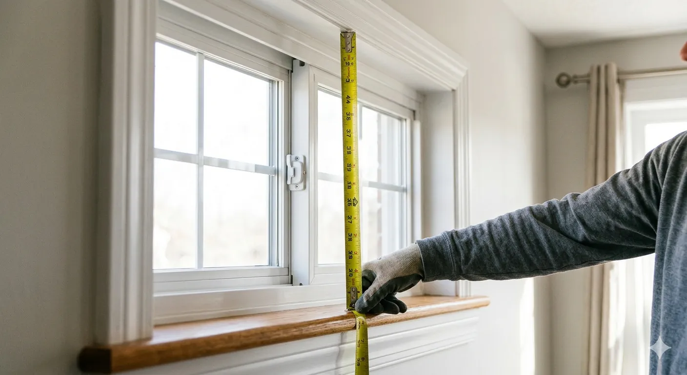 Labeled diagram of a double-hung window showing jambs, head jamb, sill, stops, sash, and the three measurement points for width and height